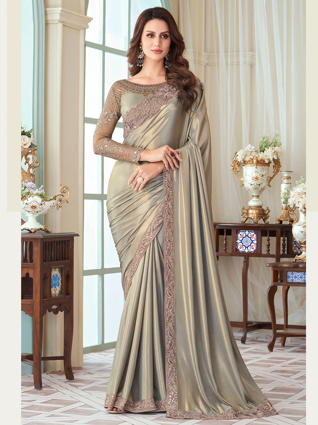 Embellished Embroidered Satin Sarees