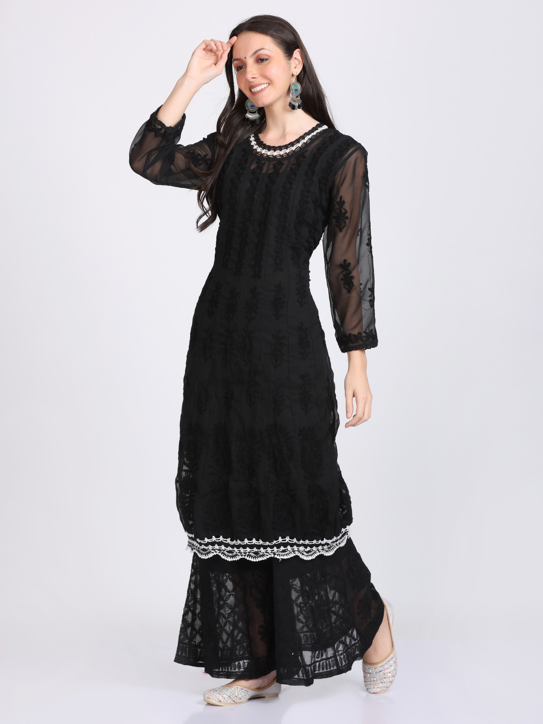 KHAKA Round Neck Chikankari Flared Crochet Anarkali Kurta with Inner