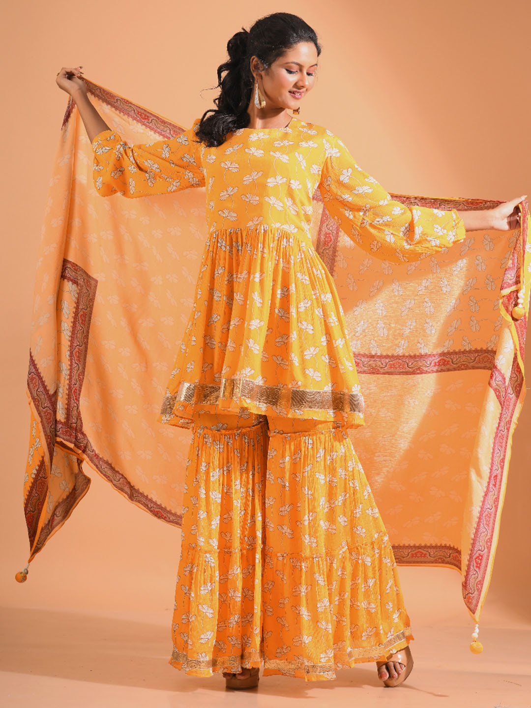 Morchari Printed A-Line Kurta With Sharara & Dupatta Set