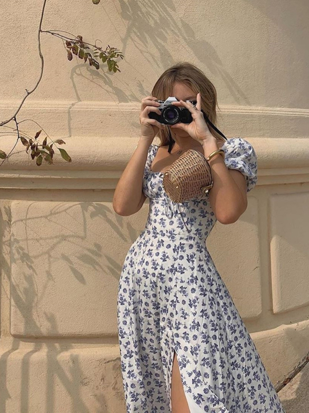 StyleCast White & Navy Blue Square Neck Floral Printed Fit & Flare Midi Dress