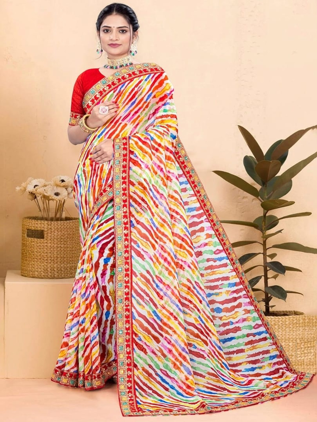 Pemal Designer Gotta Patti Pure Georgette Leheriya Saree