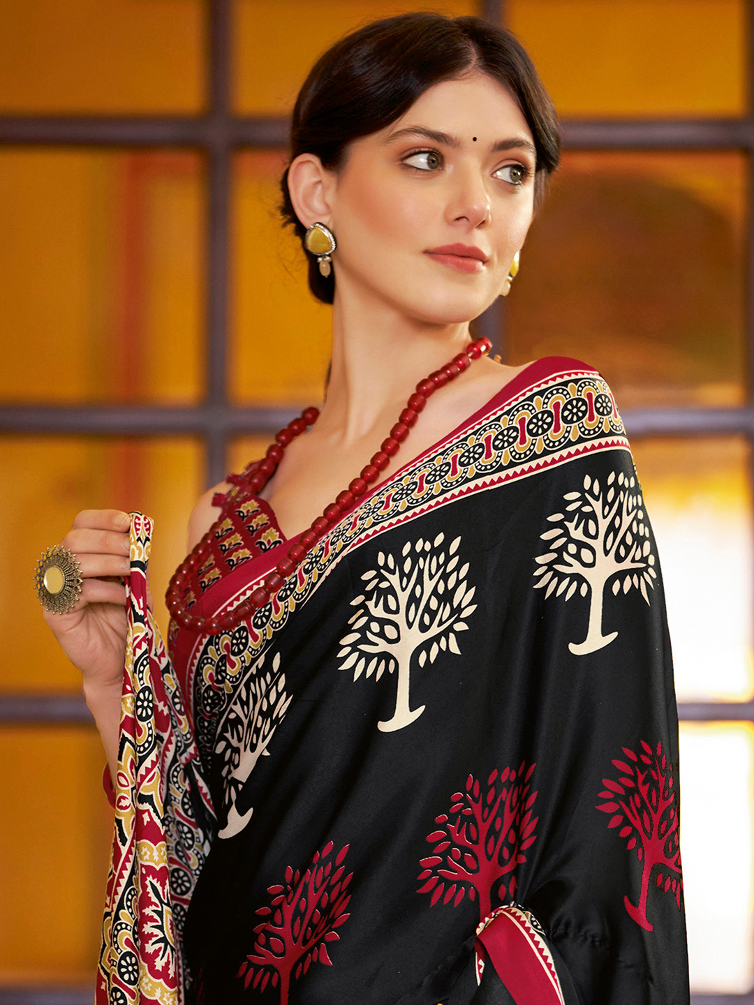 Anouk Black Ajrak Pure Crepe Bagru Saree