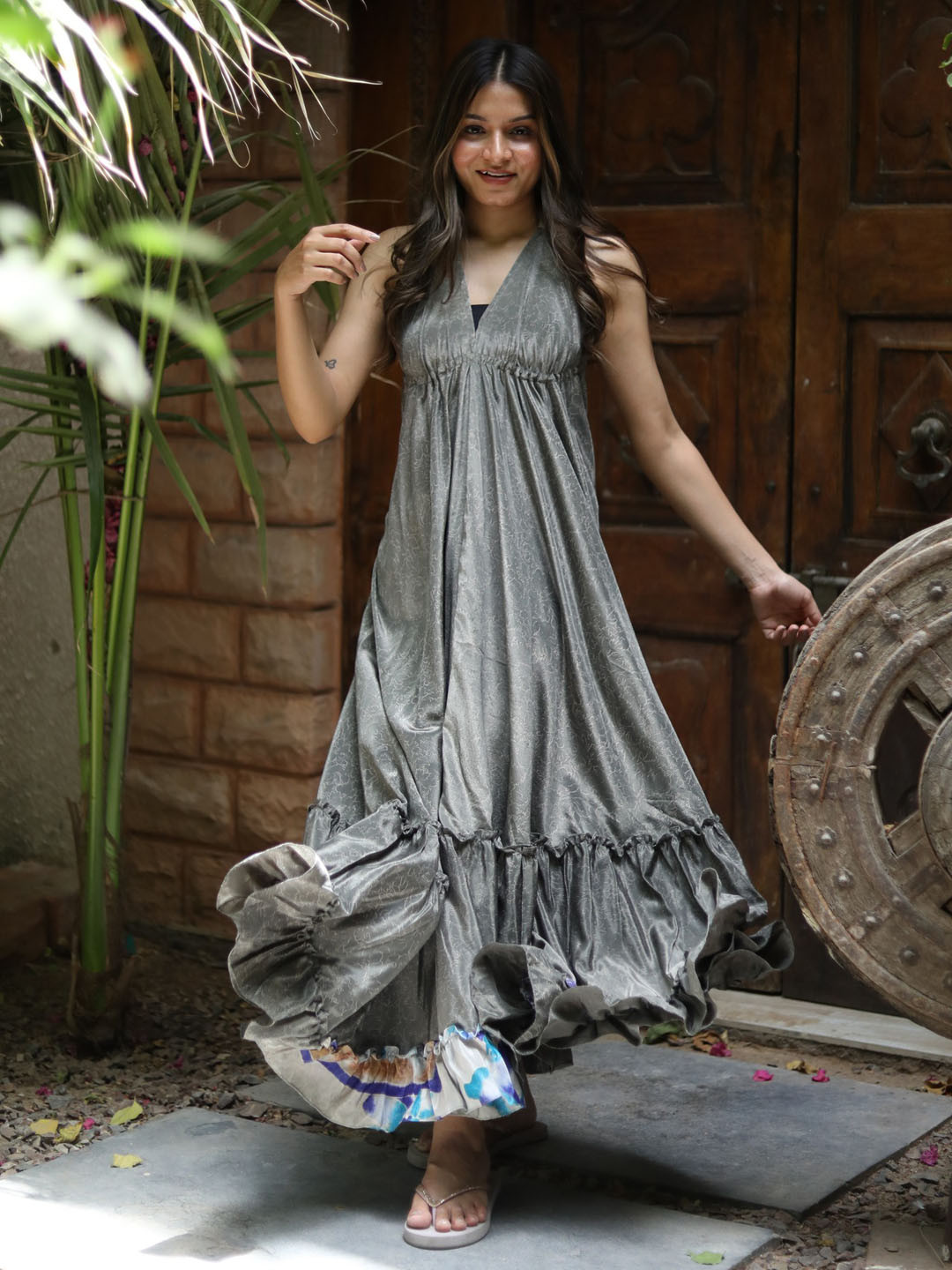 Exotic India V-Neck Sleeveless Layered Silk Fit and Flare Dress