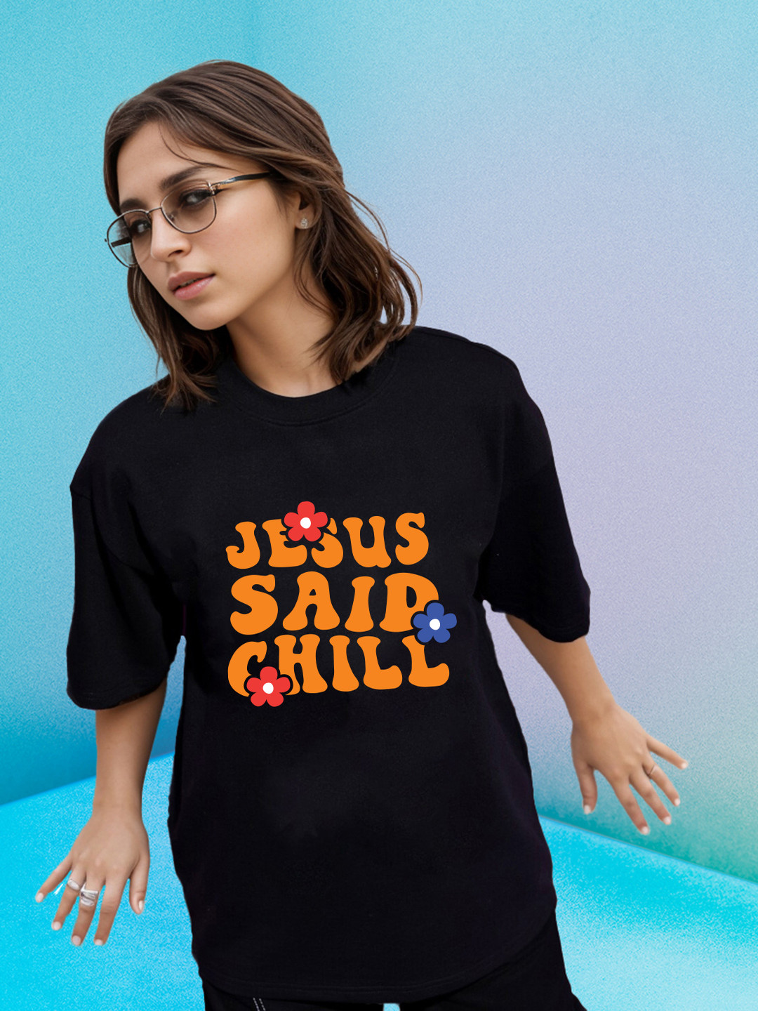 Slenor Women Printed High Neck Oversized T-shirt