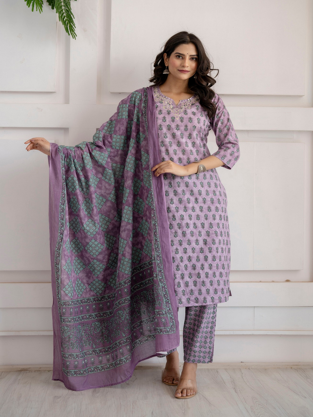 Kesarya Floral Printed Work Thread Work Pure Cotton Kurta With Palazzos & Dupatta