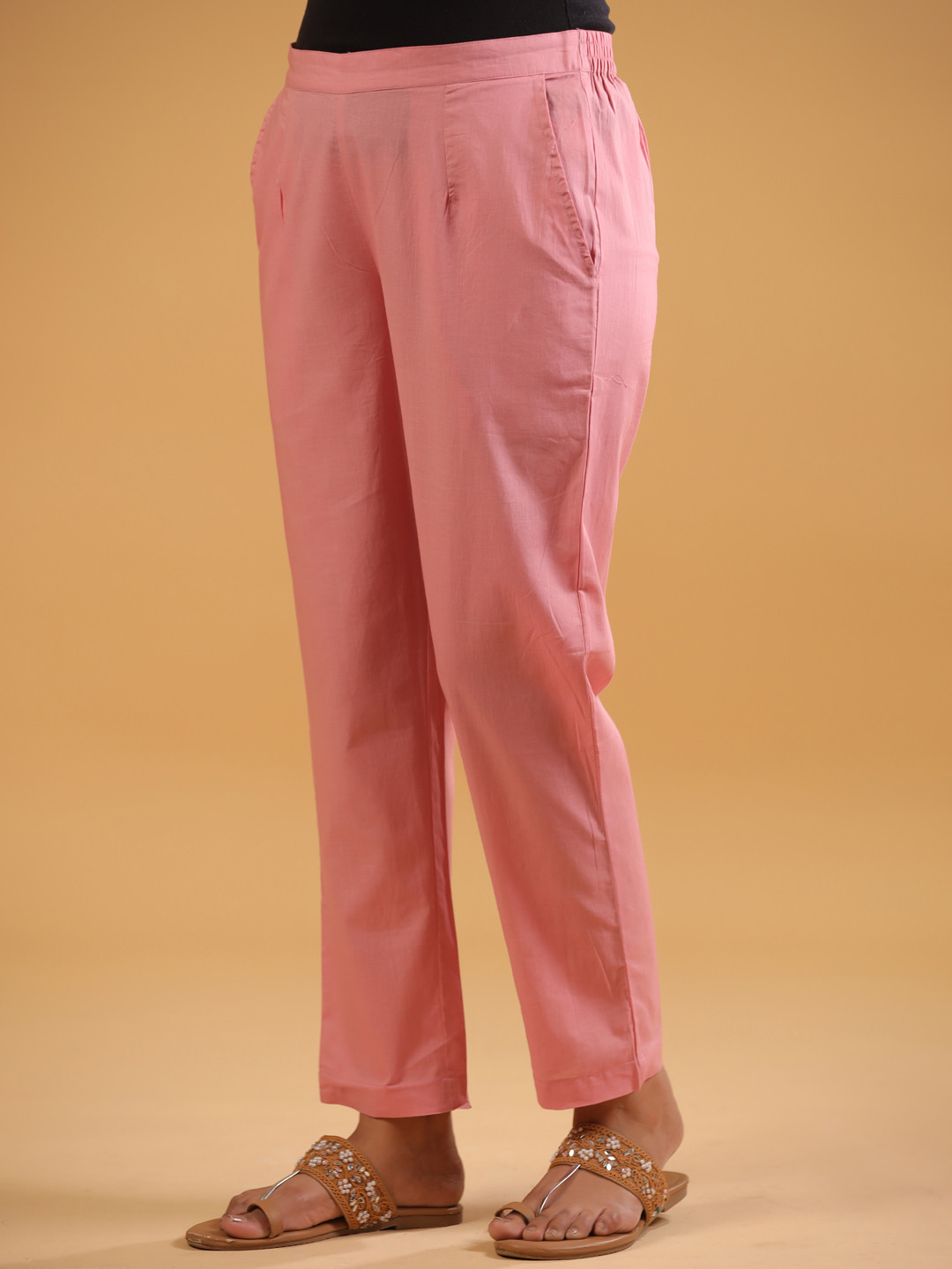 SAVI Women Regular Fit Mid Rise Straight Leg Wrinkle Free Pleated Regular Trousers