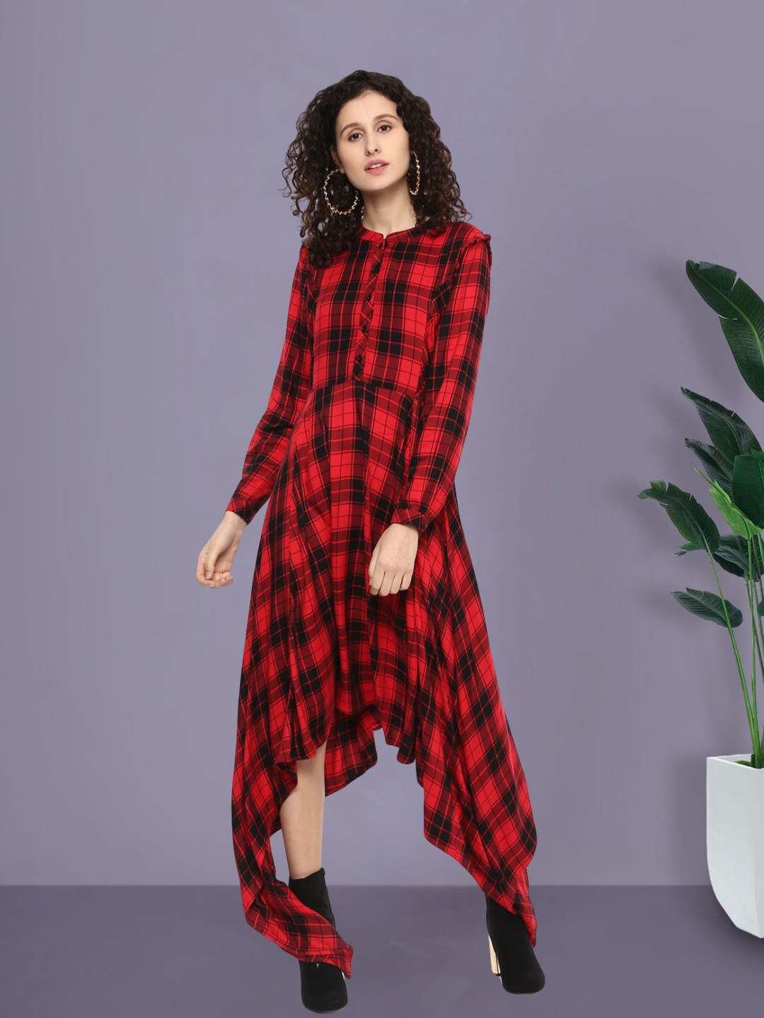 Moda Elementi Checked Mandarin Collar Maxi Longline Top