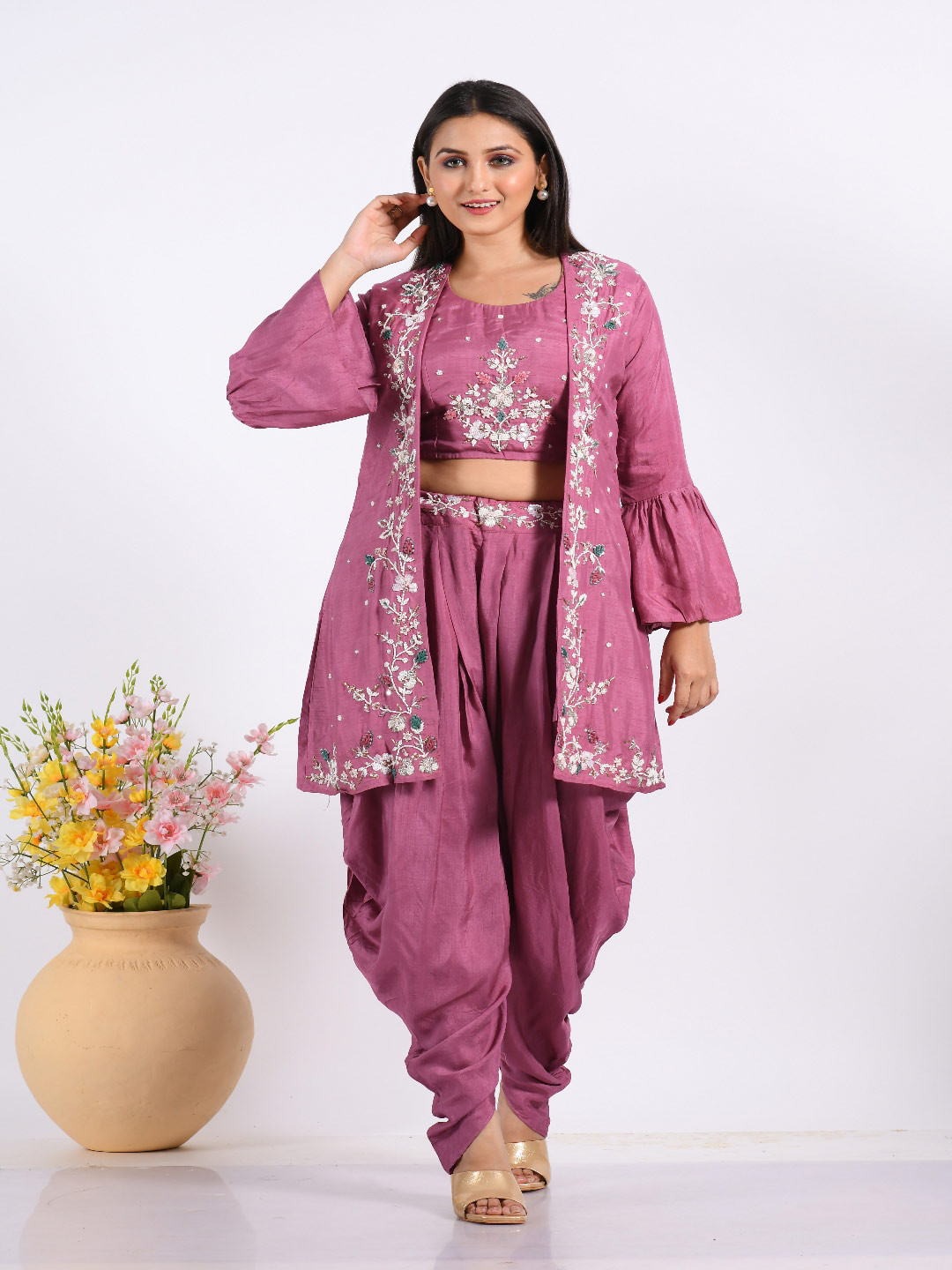 Morchari Women Embroidered Crop Top With Dhoti Pant & Shrug Co-Ords