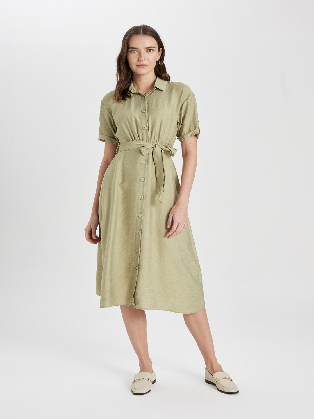 DeFacto Roll Up Sleeves Shirt Midi Dress