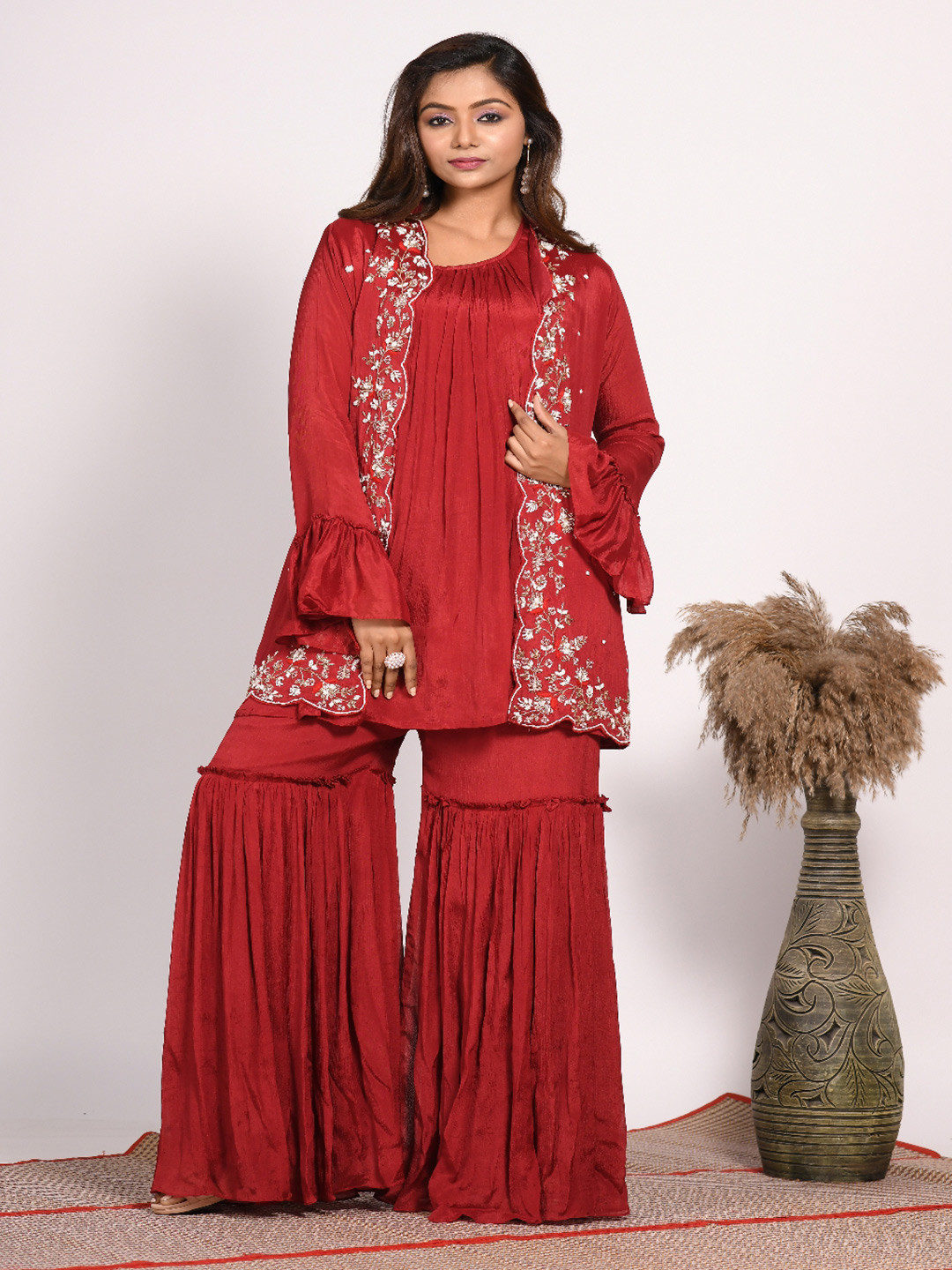Morchari Pure Chiffon Straight Kurta & Sharara With Jacket
