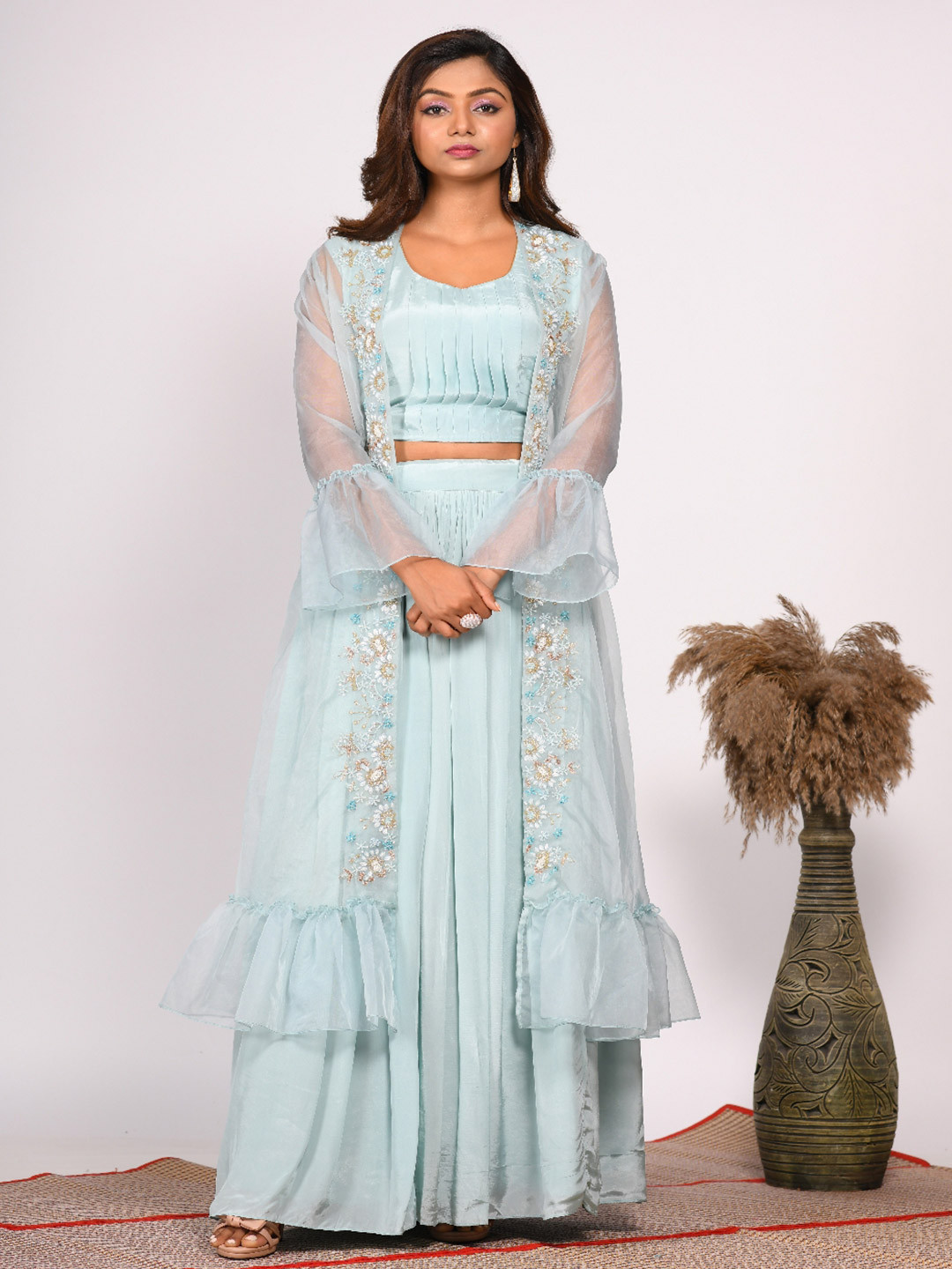 Morchari Women Embroidered Crop Top With Skirt & Jacket Co-Ords