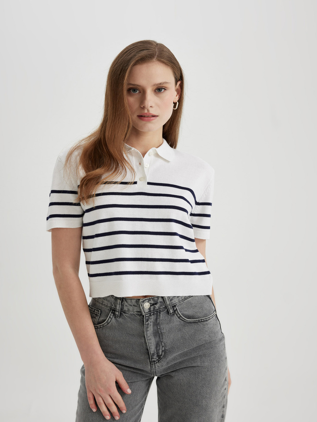 DeFacto Striped Ribbed Acrylic Cotton Crop Pullover