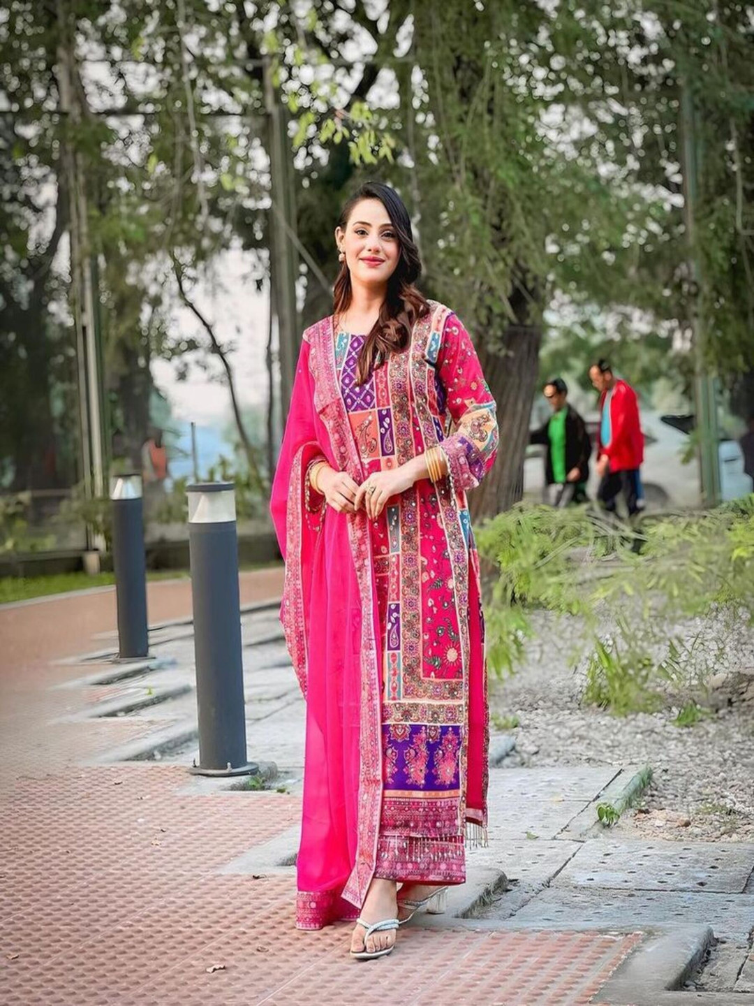 BAESD Striped Mirror Work A-Line Kurta With Palazzos & Dupatta