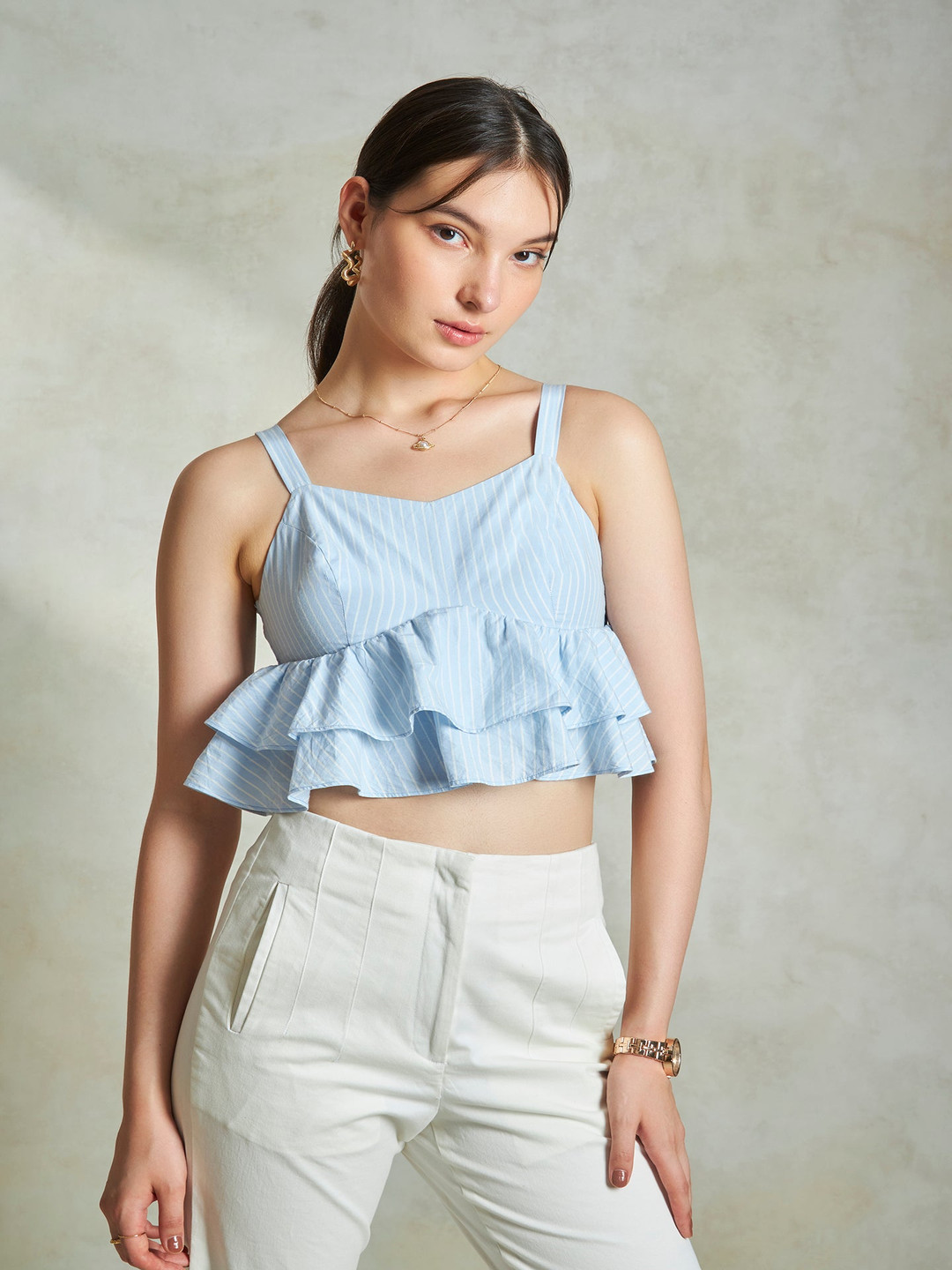 Virgio Pure Cotton Striped Frill Hemcami Top
