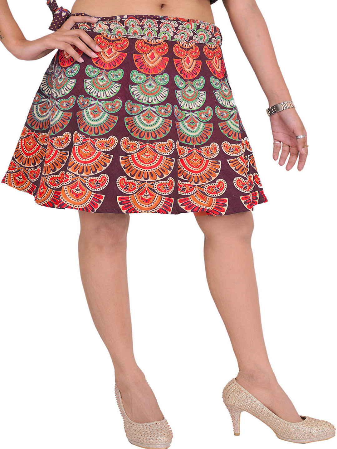 Exotic India Windsor-Wine-Sanganeri Printed Pure Cotton Wrap-Around Mini-Skirt