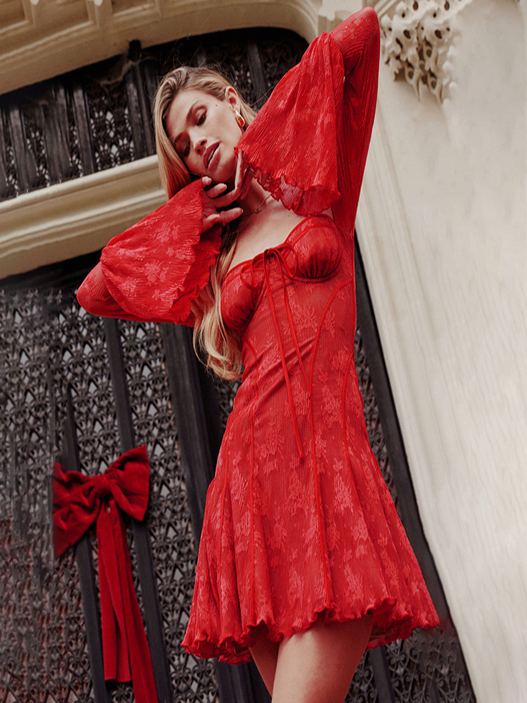 bebe Red Floral Lace Flared Sleeves Corset Syle Mini Dress