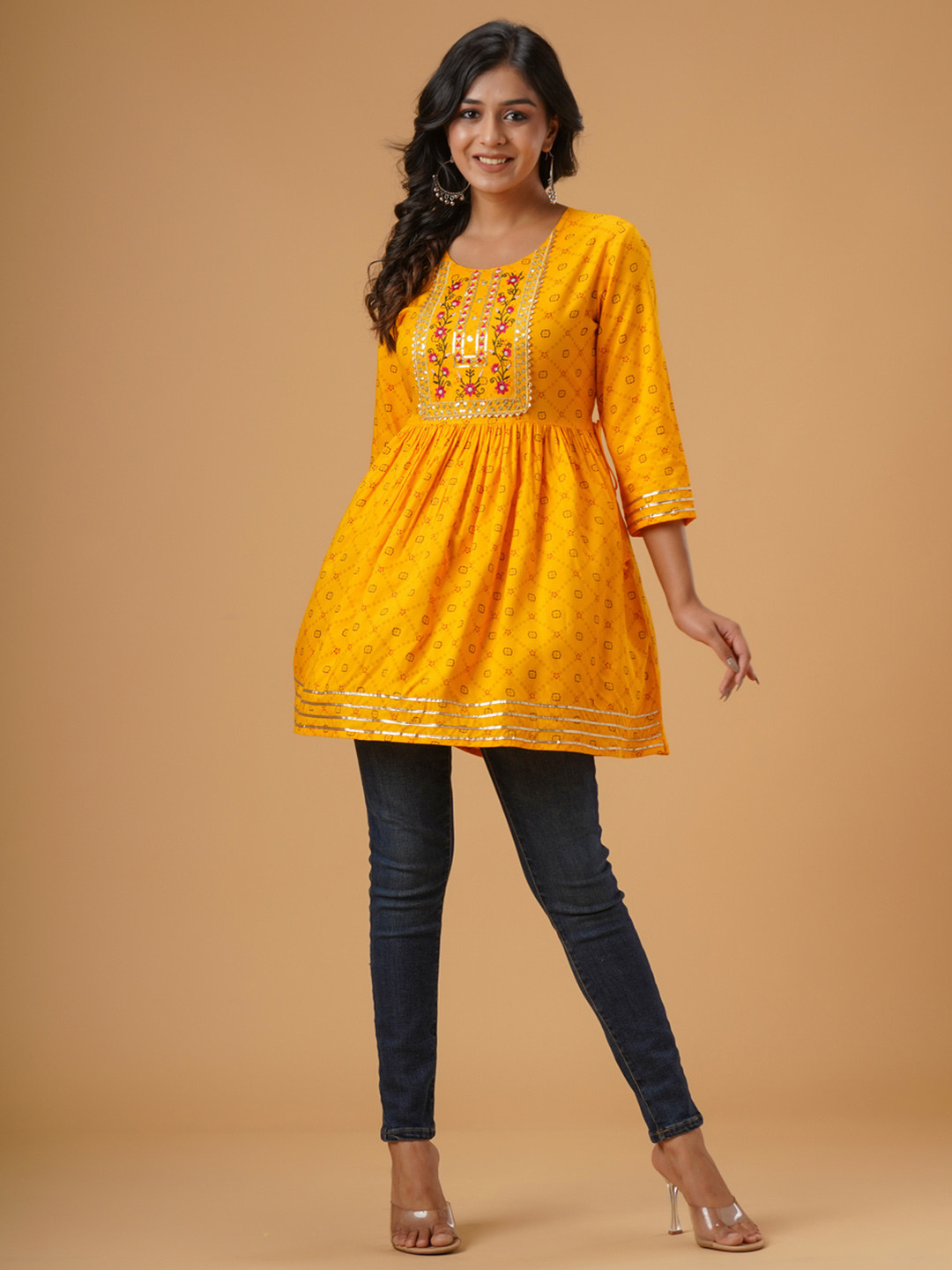 BAIRAJ Floral Print Bell Sleeve Crepe Empire Longline Top