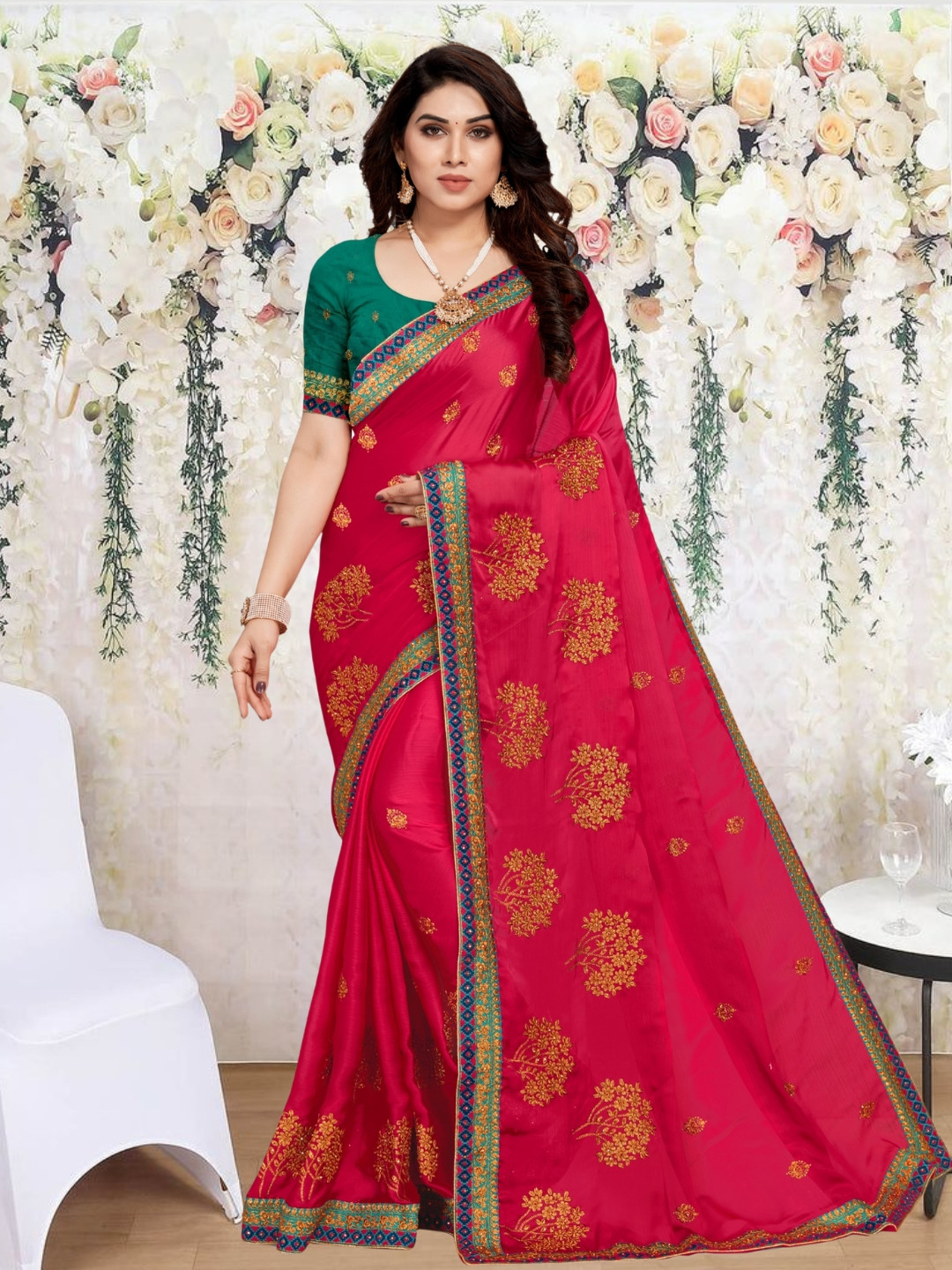 Mitera Floral Embroidered Silk Blend Saree