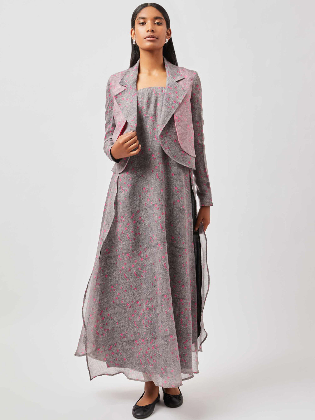Contemponari Floral Linen Crop Open Front Jacket