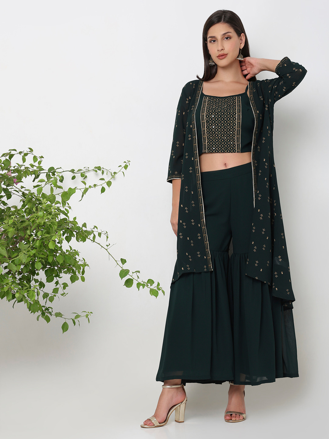 Ethnicity Women Yoke Design Layered Kurta with Skirt & With Dupatta