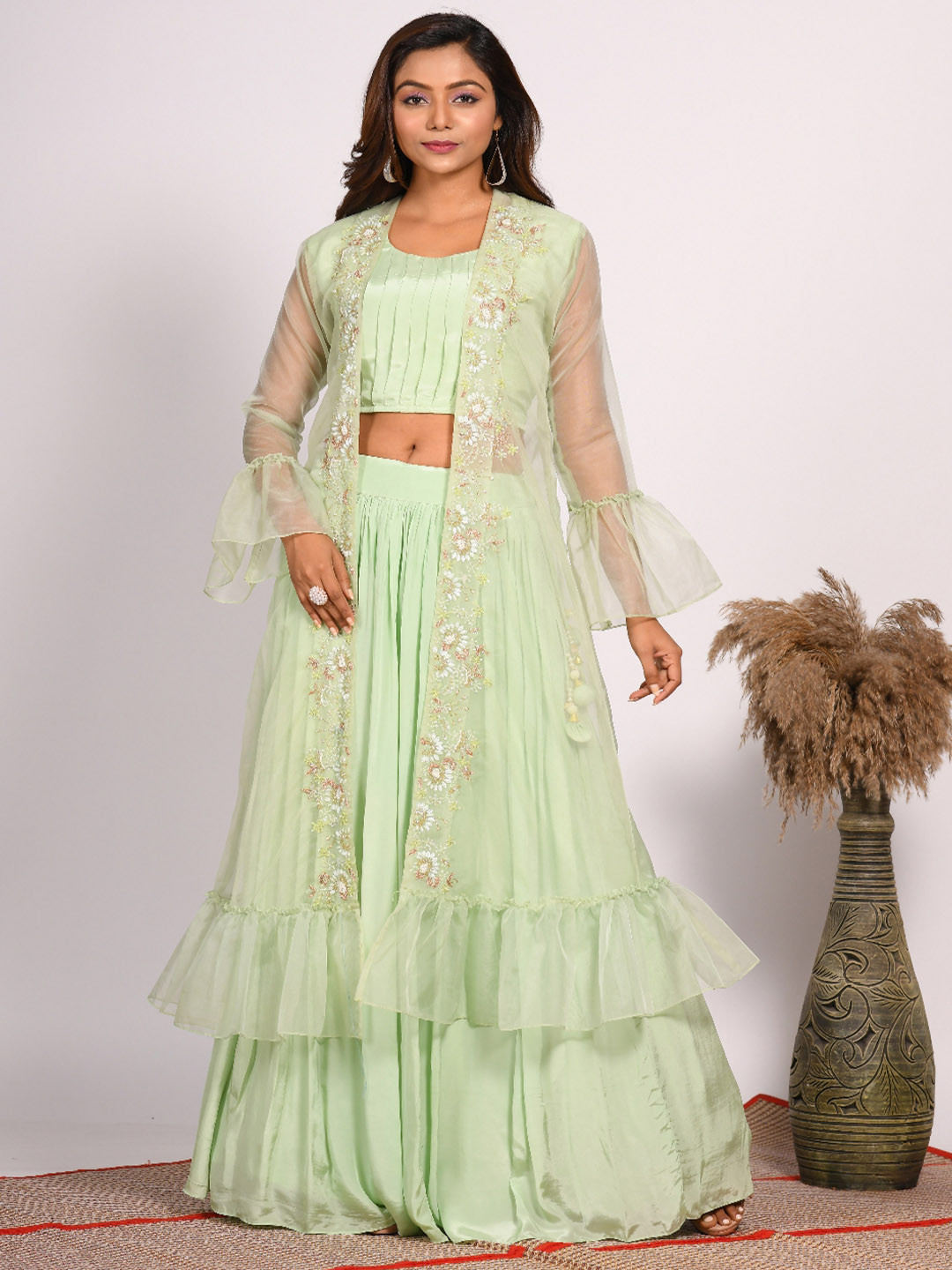 Morchari Round Neck Crop Top Long Sleeves Jacket with Mid-Rise Skirt Co-Ords