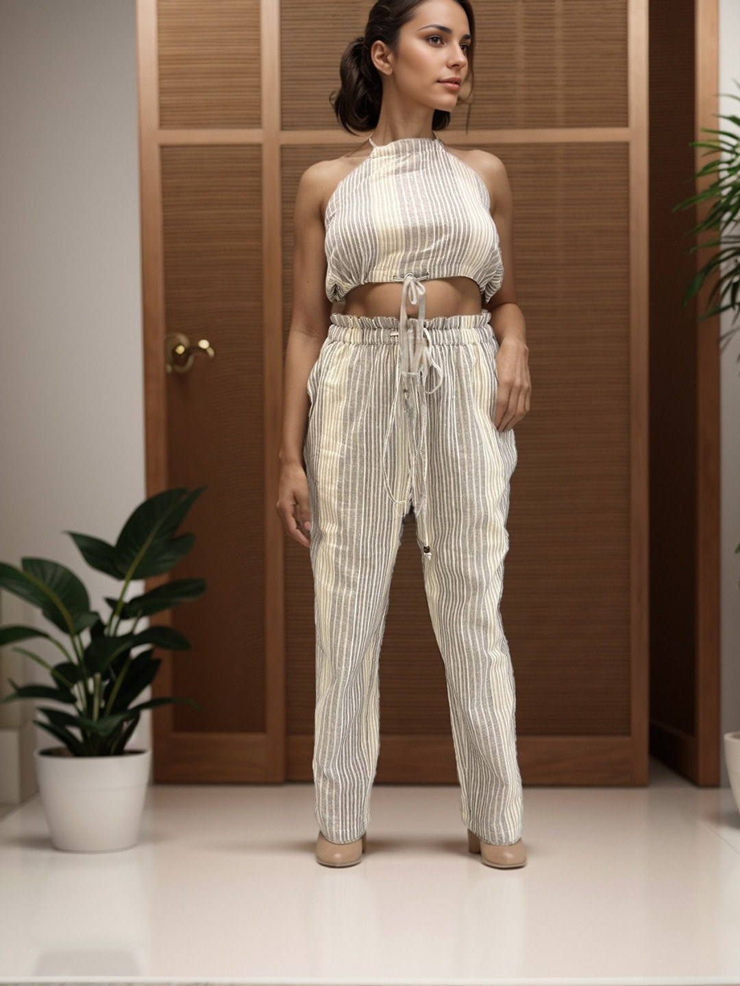 ELEVEN.O.ONE Striped Halter Neck Sleeveless Top & Flared Trousers