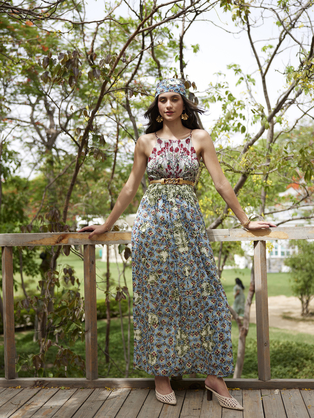 Bhanuni Floral Print Halter Neck Maxi Dress