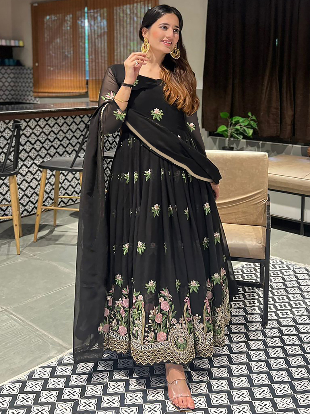 Kedar Fab Ethnic Motifs Embroidery Mirror Work Georgette Anarkali Kurta