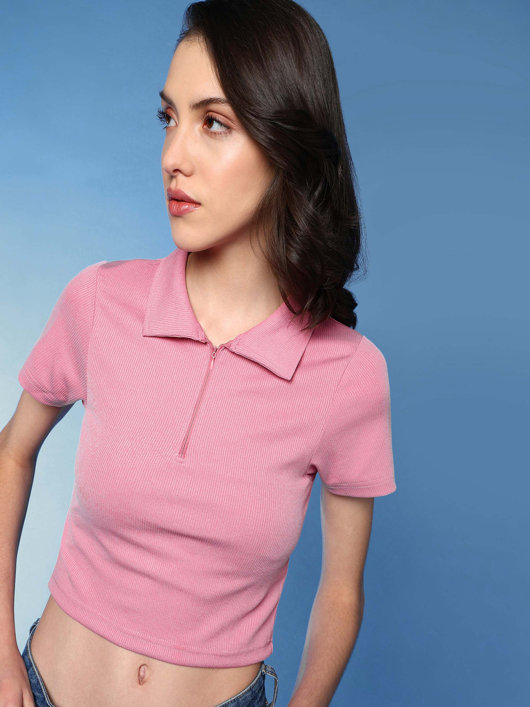 The Roadster Lifestyle Co Shirt Collar Cropped Top
