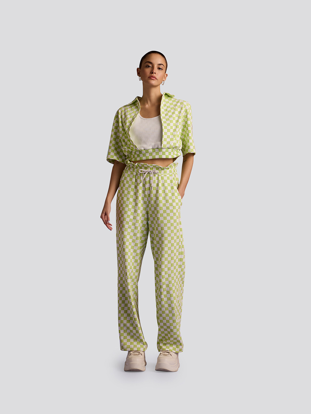 Muvazo Checked Shirt-Style Layered Crop Top & Trousers Co-Ords