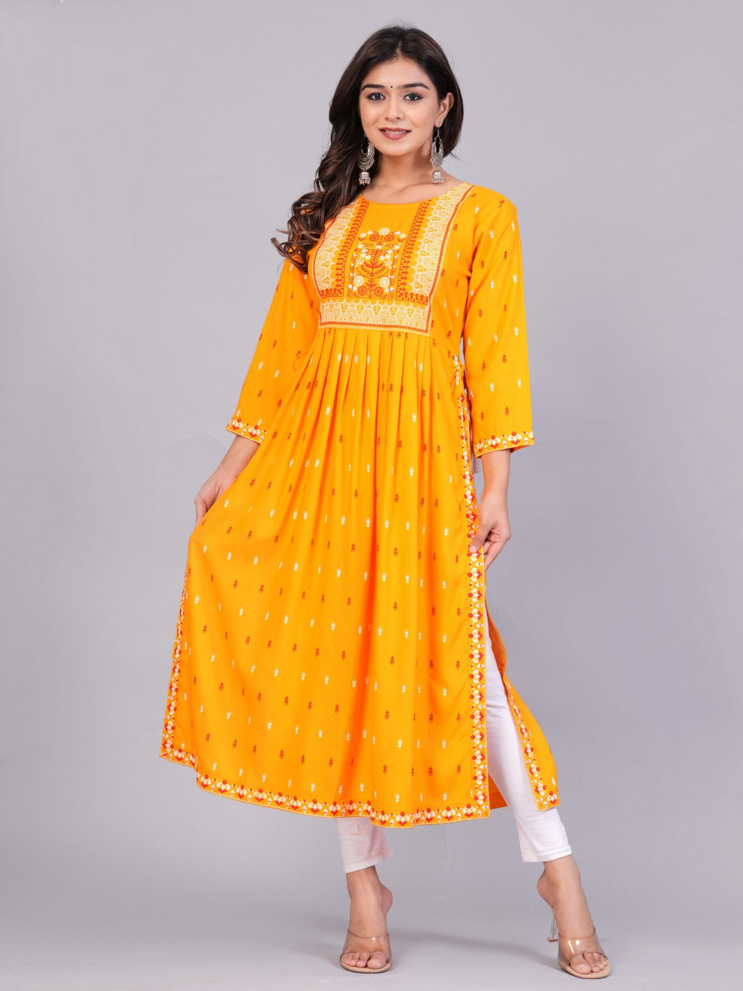 VYKOO Women Ethnic Motifs Printed Flared Sleeves Mirror Work Kurta