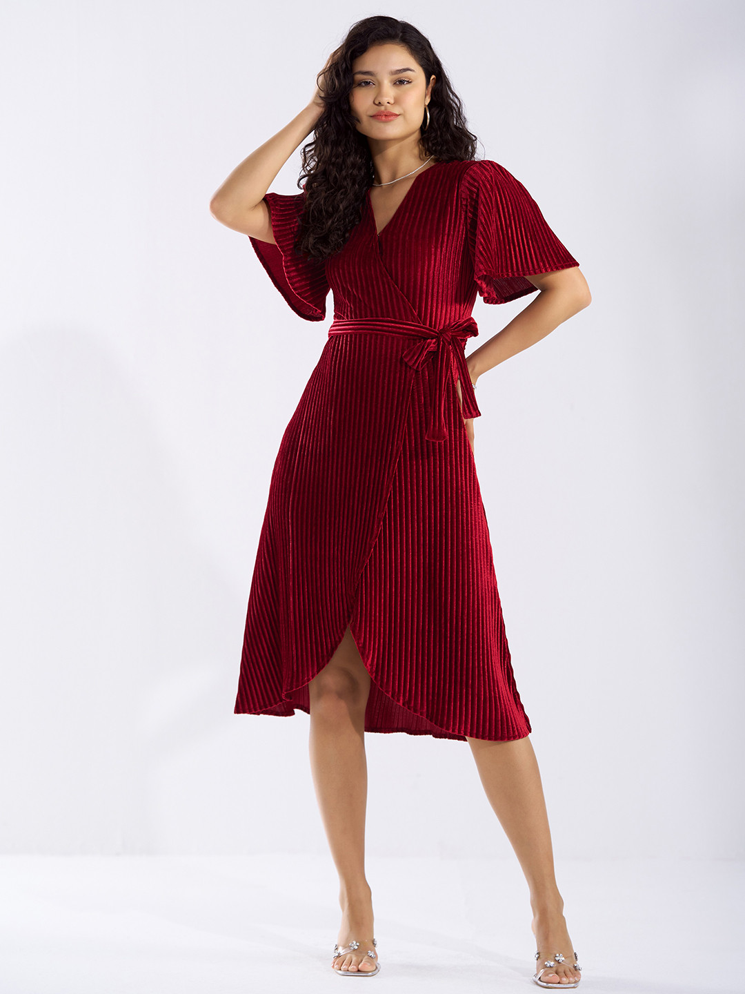 AASK Self Design V-Neck Flared Sleeve Tie-Ups Velvet Wrap Dress