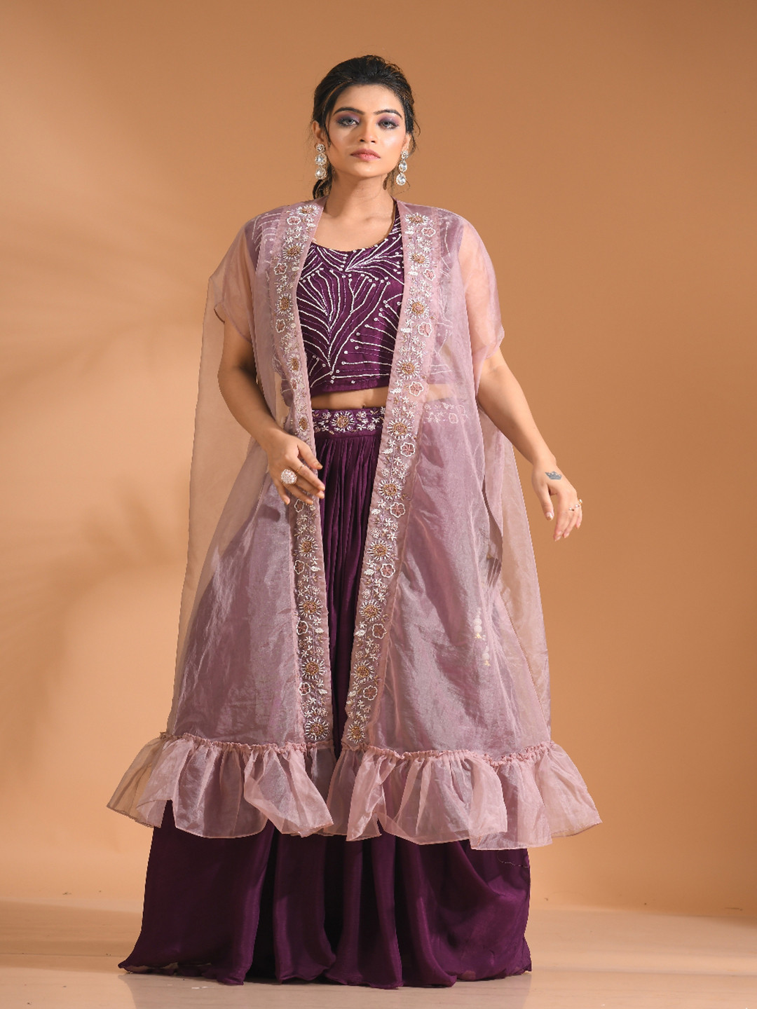 Morchari Round Neck Crop Top Sleeveless Jacket with Mid-Rise Skirt Co-Ords