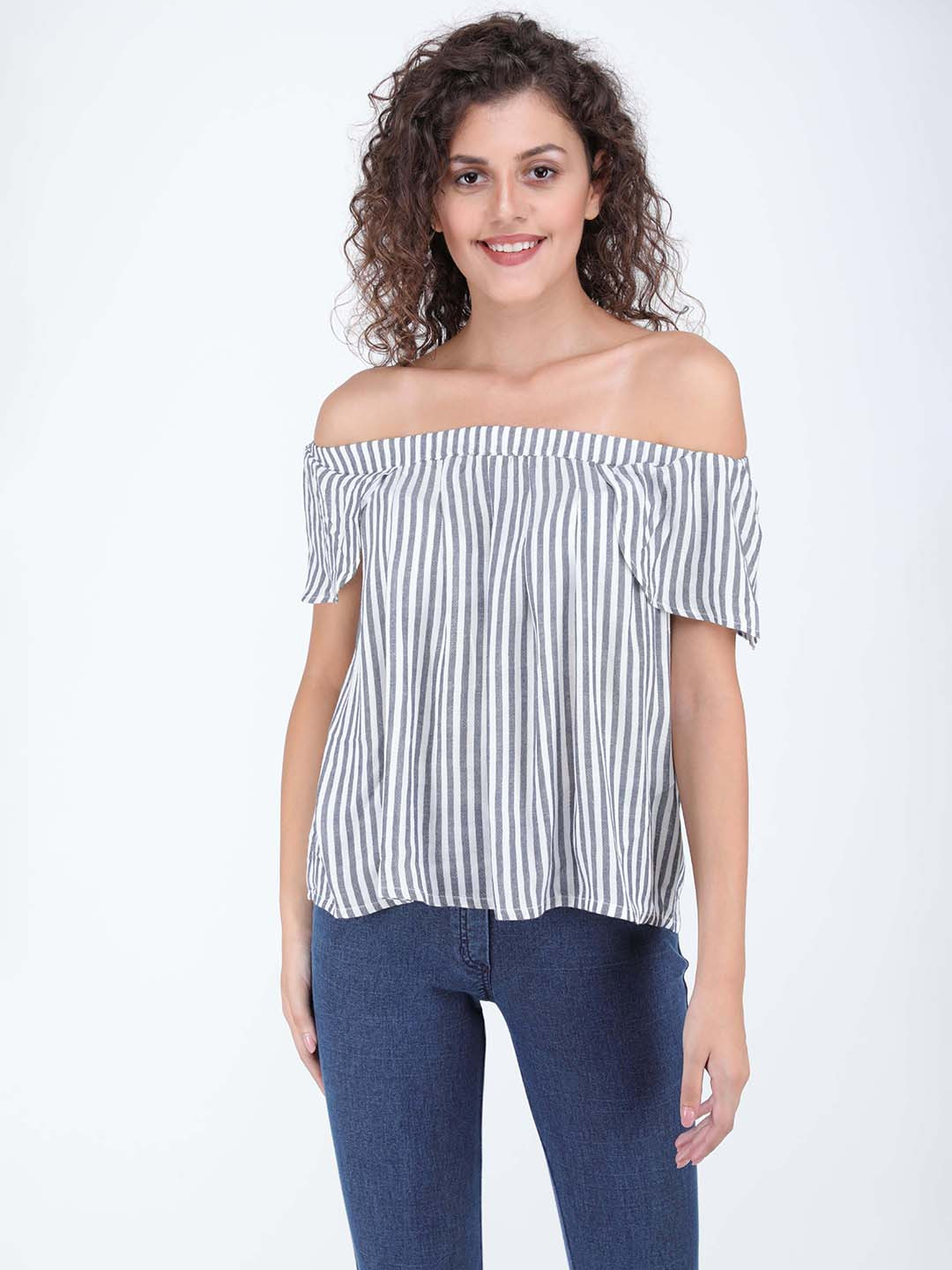 Streaks & Crosses Striped Off Shoulder Flared Sleeve Cotton Bardot Top