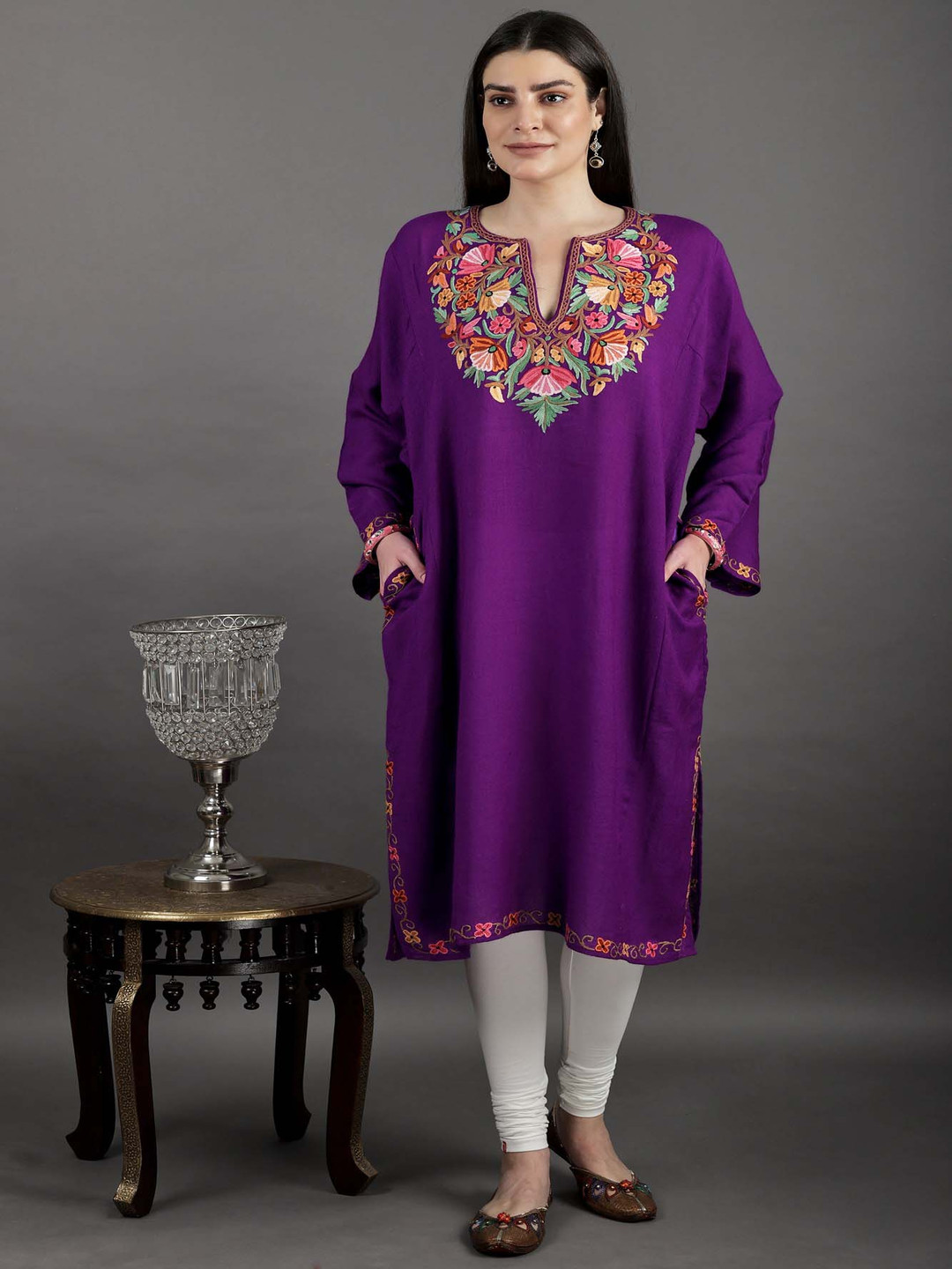 Exotic India Notch Neck Embroidered Wool Straight Kurta