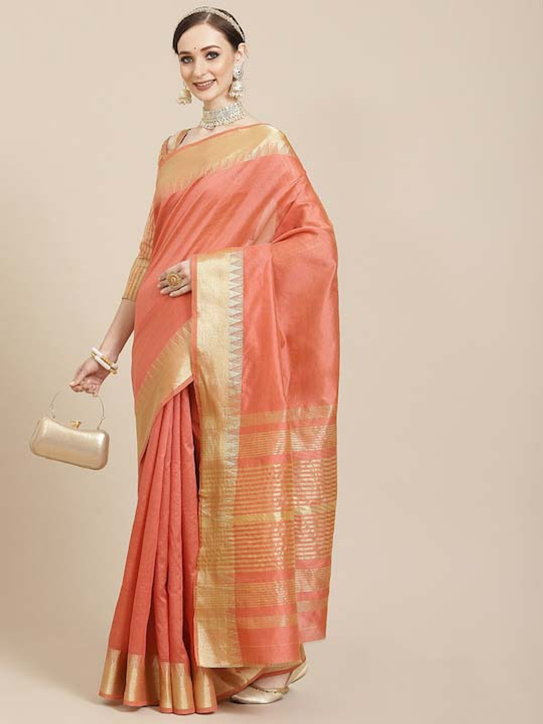 KAVINDI Assam Silk With golden broad Zari border Party Wear Saree
