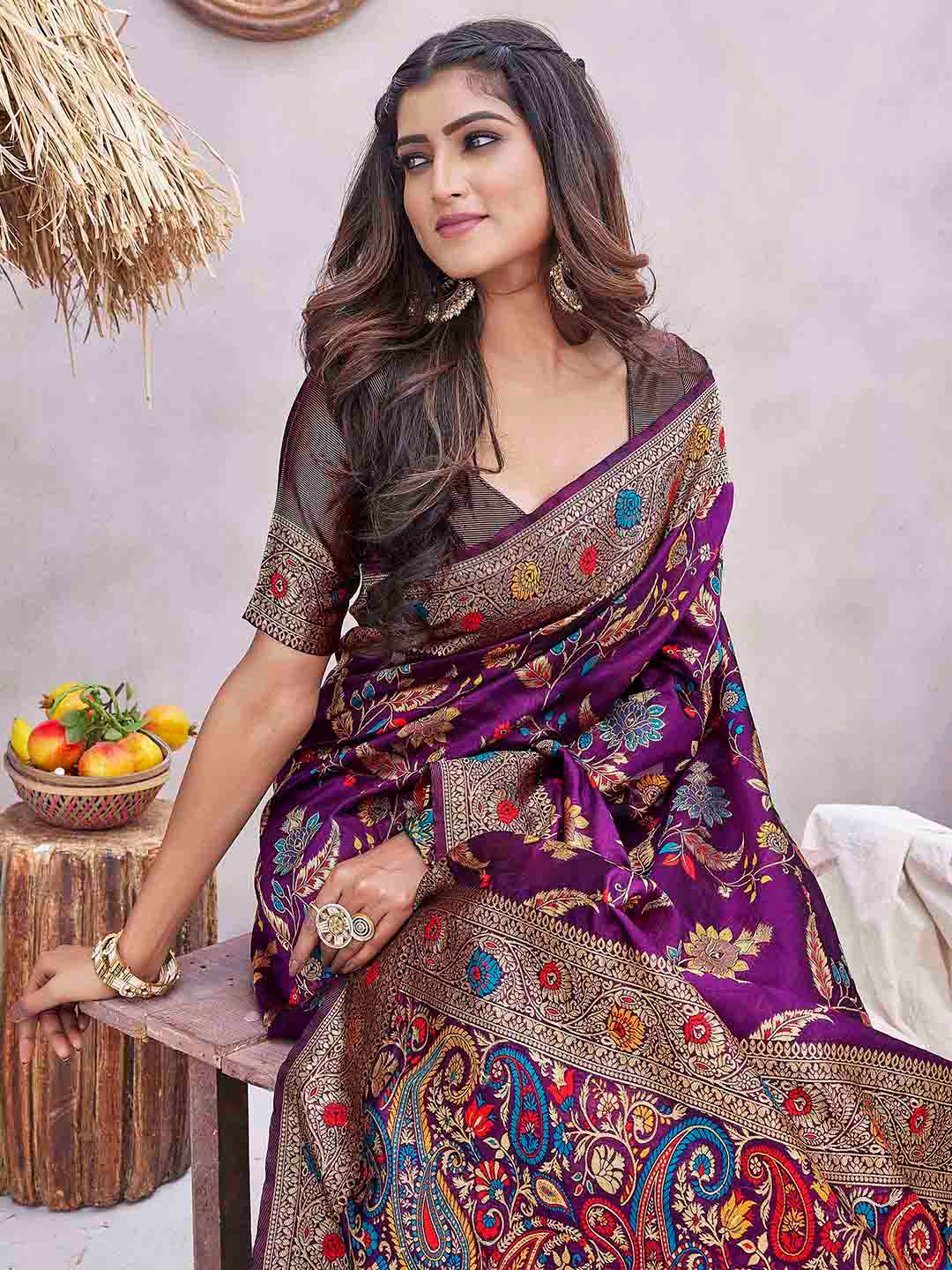 DIVASTRI Ethnic Motifs Zari Pashmina Block Print Saree