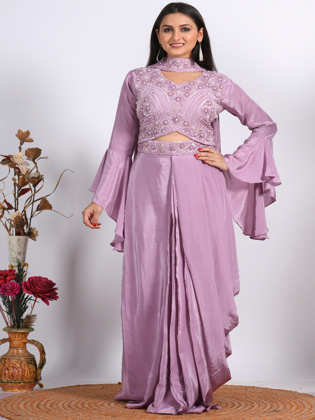 Morchari Women Embroidered Crop Top With Skirt & Dupatta Co-Ords