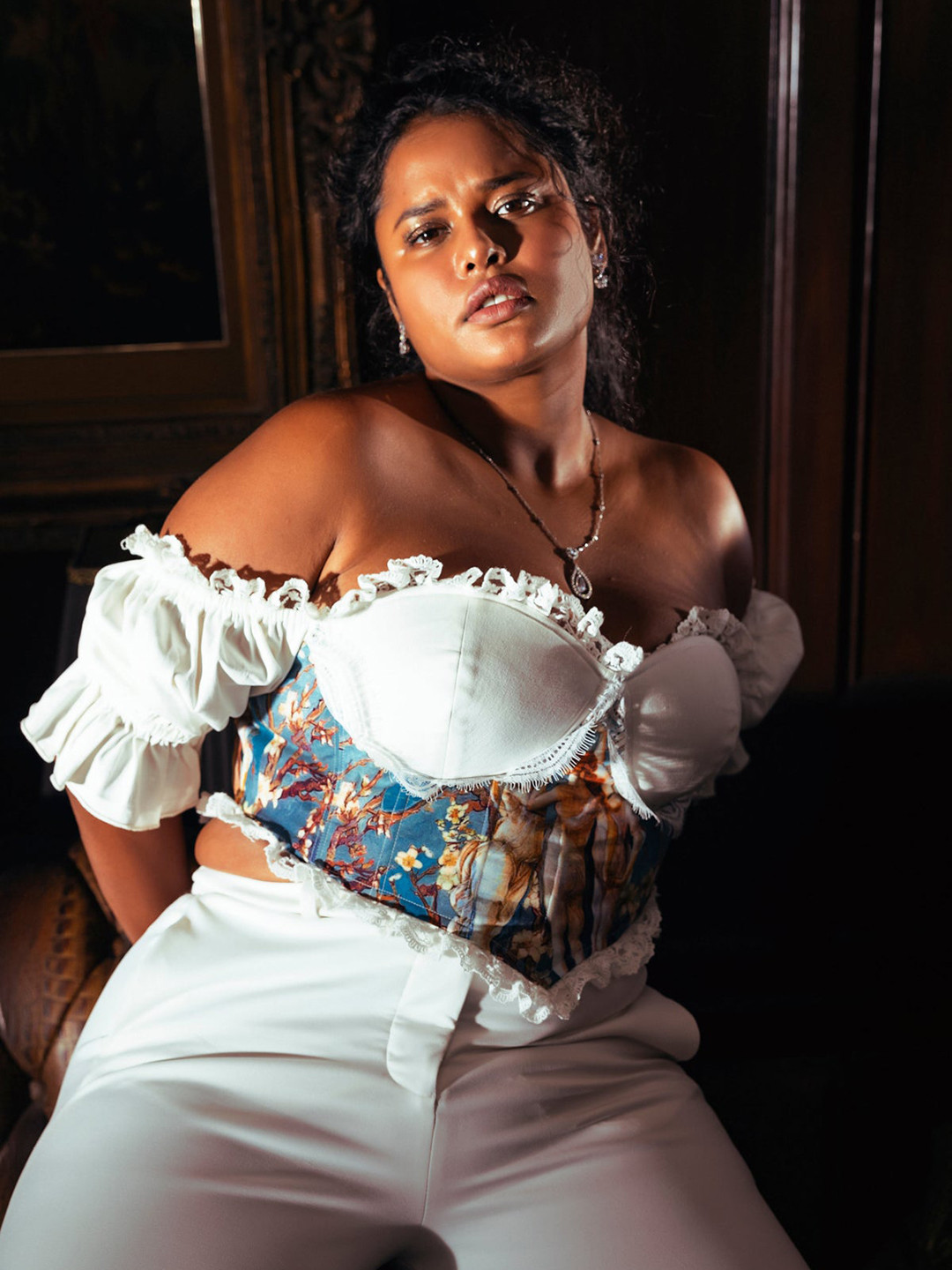 Lea Clothing Co. Abstract Print Off-Shoulder Puff Sleeves Crop Corset Top