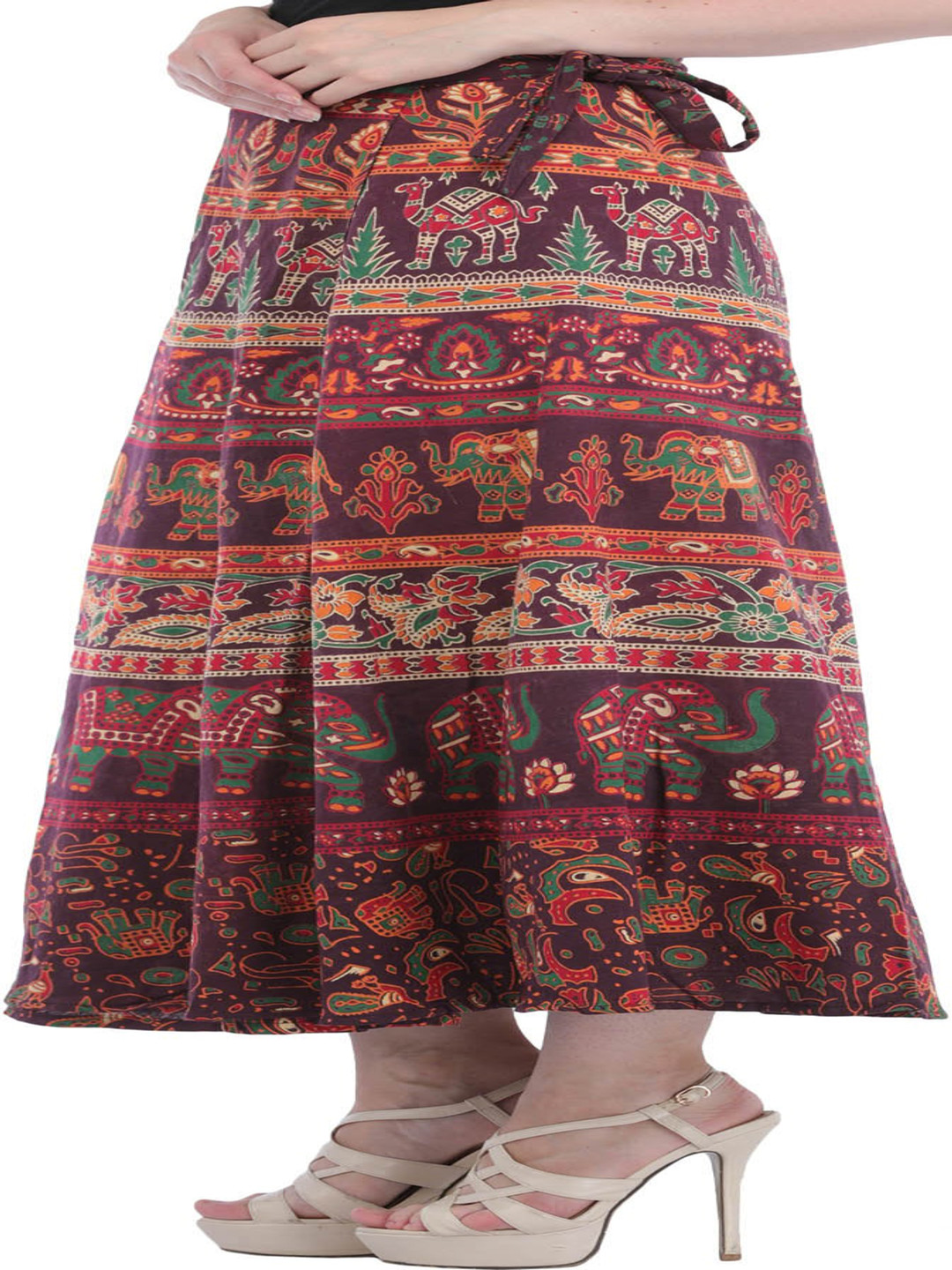 Exotic India Elephants & Camels Printed Cotton Wrap-On Sanganeri Long-Skirt