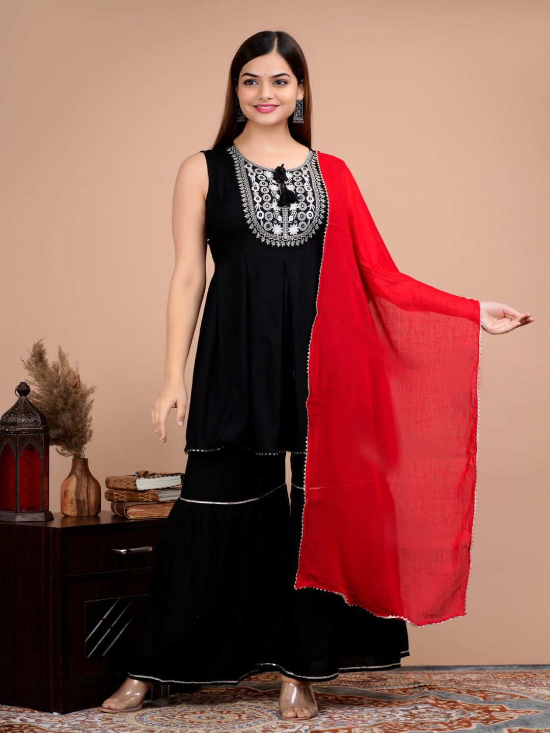 SHOOLIN Ethnic Motifs Embroidered Mirror Work A-Line Kurta With Sharara & With Dupatta