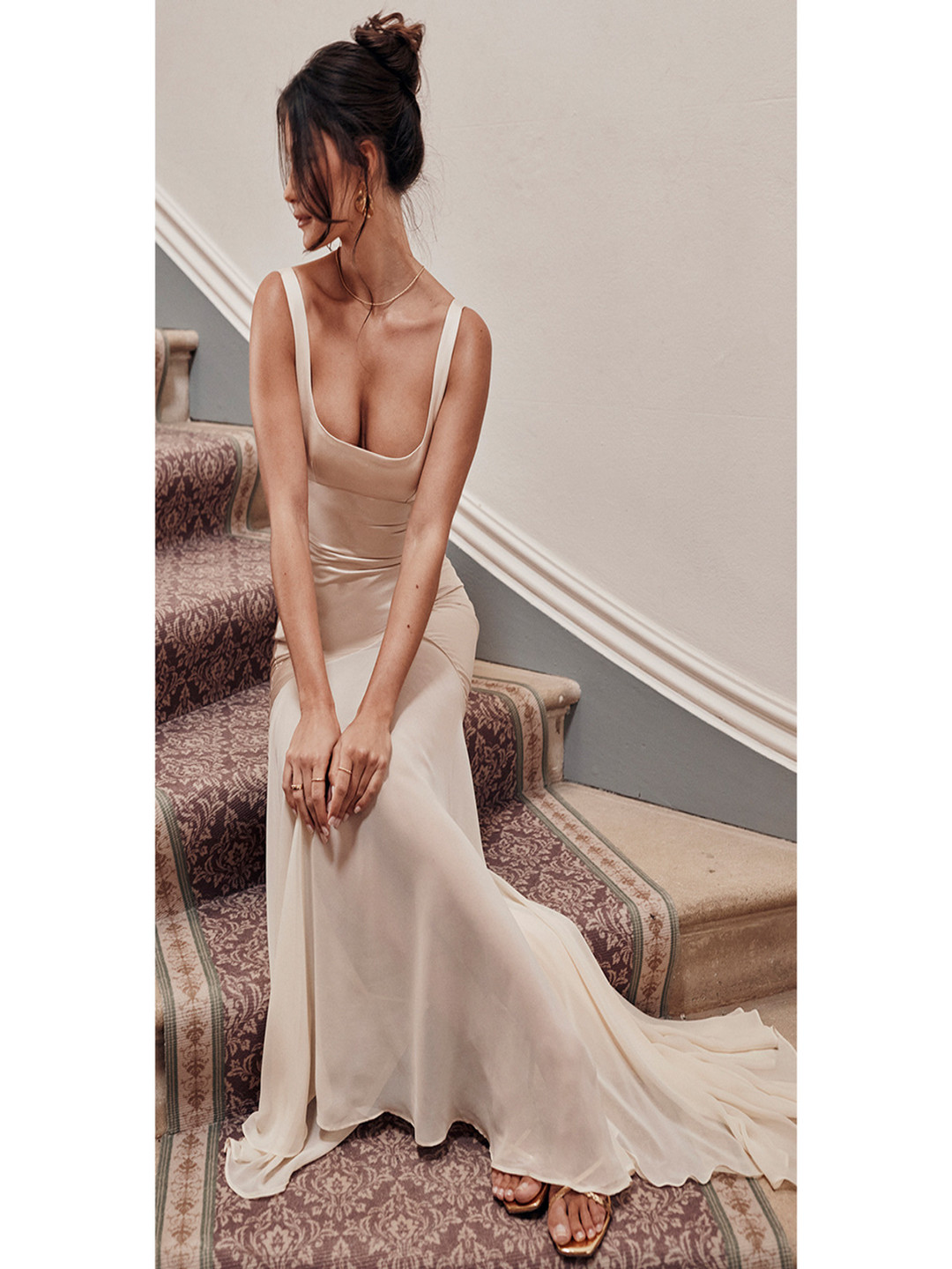 bebe Off-White Shoulder Strap Asymmetric Flared Hem Maxi Dress