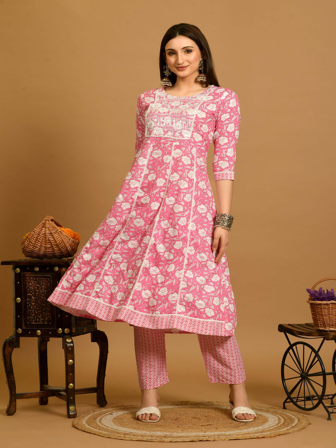 VINDYAVASINI Floral Printed Mirror Work Panelled Anarkali Kurta With Trousers & Dupatta