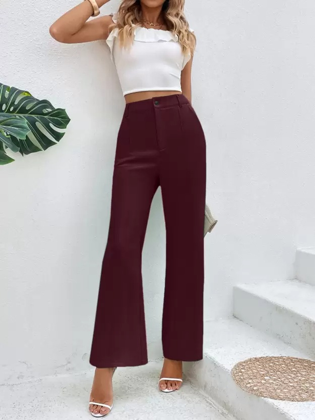 Fashion2wear Women Smart High-Rise Stain Resistant Bootcut Trousers