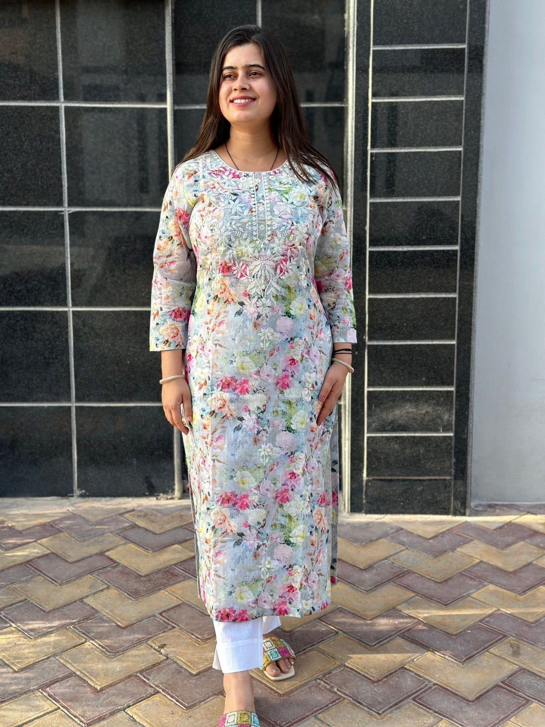 Anni Designer Floral Printed Chikankari Straight Kurta