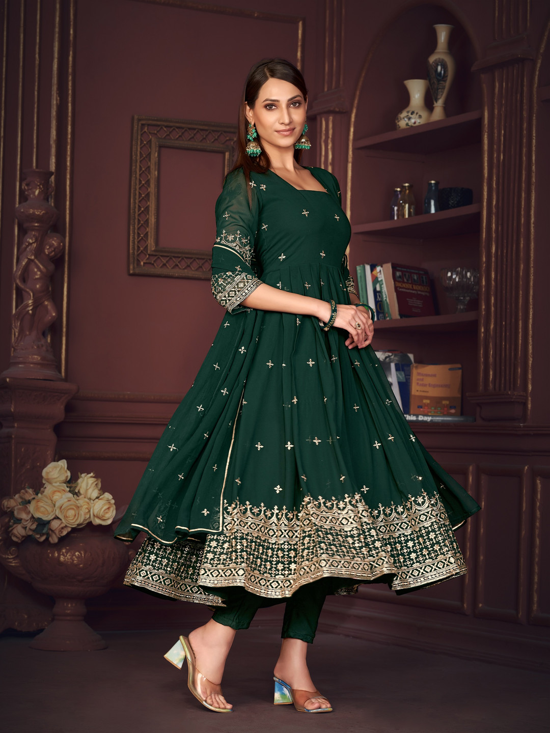Warthy Ent Floral Embroidered Square Neck Empire Anarkali Kurta With Trousers & Dupatta