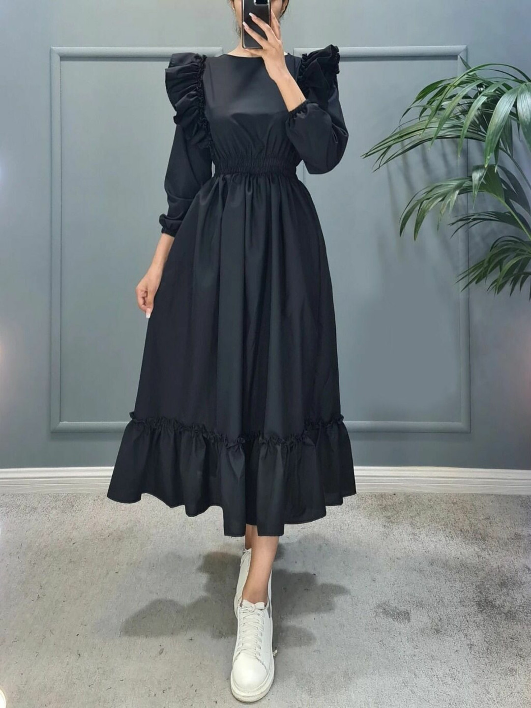 Femvy Puff Sleeves A-Line Boat Neck Midi Dress