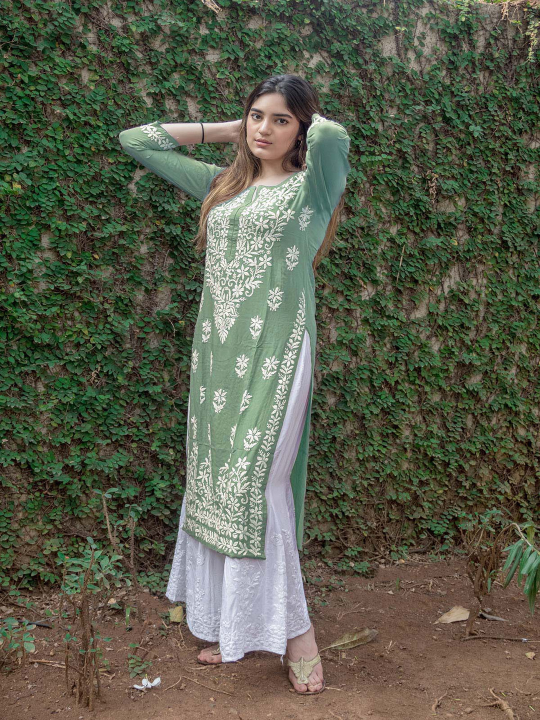 KALINI Women Embroidered Round Neck Mandarin Collar Kurta