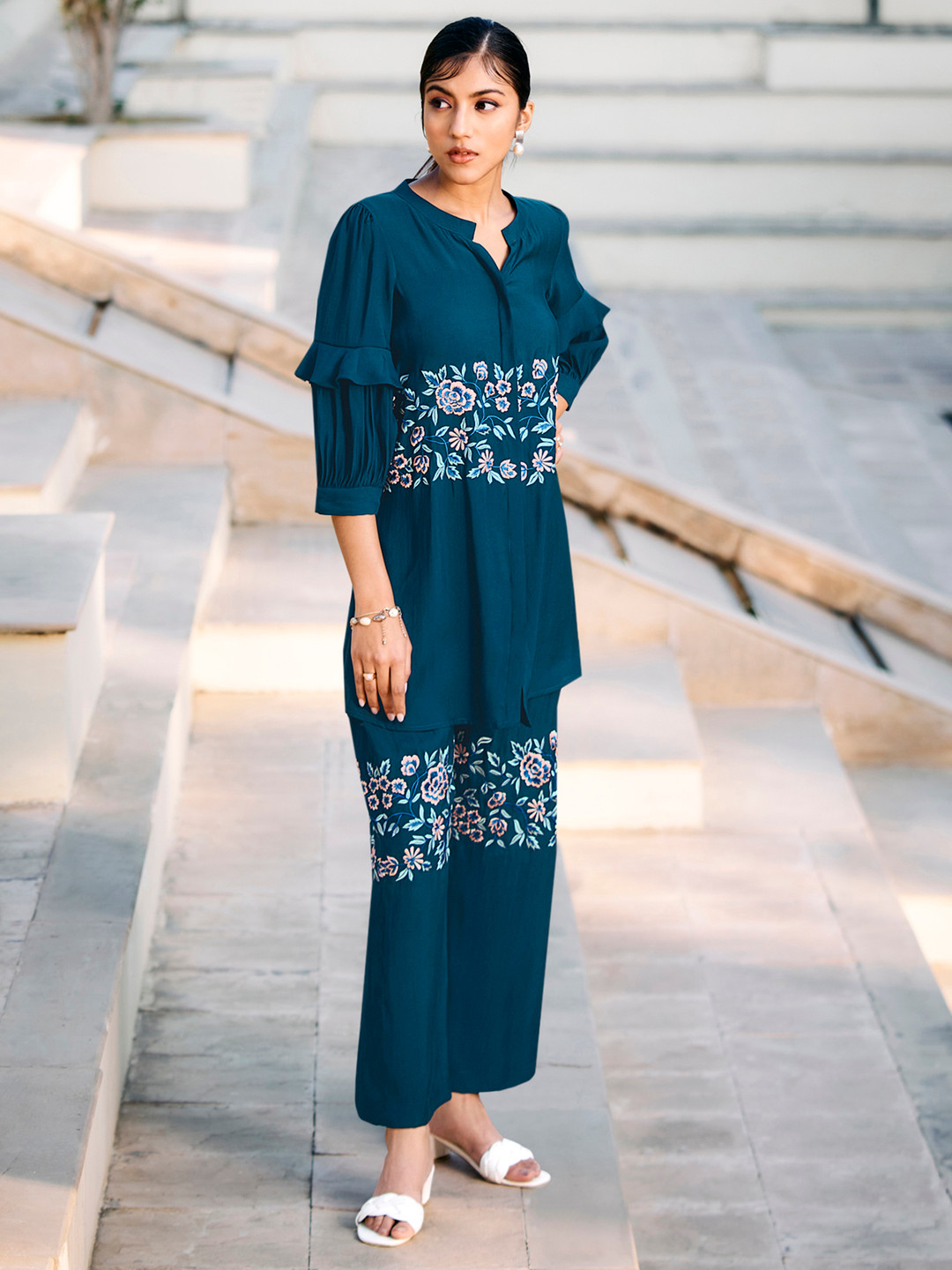 Anouk Blue Embroidered Top With Trousers Co-Ords