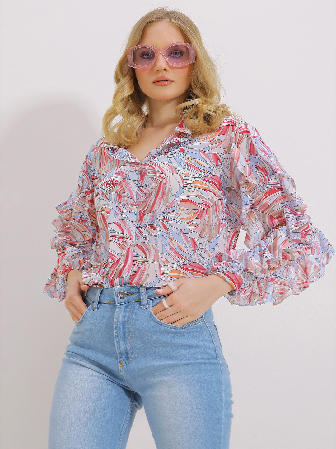 Trend Alacati stili Floral Printed Spread Collar Ruffles Casual Shirt